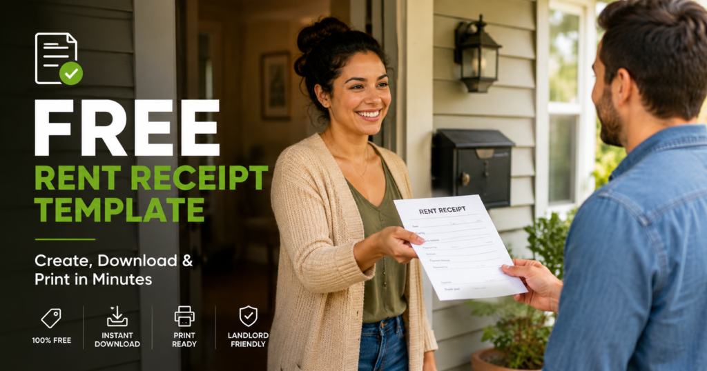 Landlord handing a filled-out rent receipt to a tenant at a kitchen table — how to fill out a rent receipt