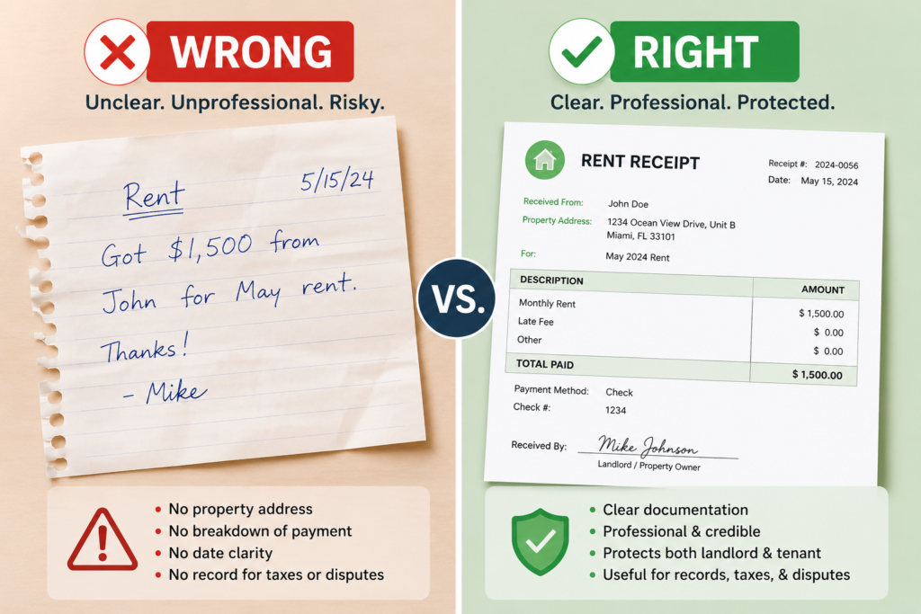 Landlord handing a formatted rent payment receipt to a tenant at home — rent receipt format guide