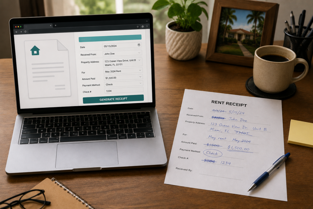 Landlord using a rent receipt template Word to create a monthly rental payment record