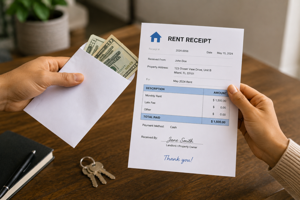 Close-up of cash being exchanged for a printed rent receipt between landlord and tenant