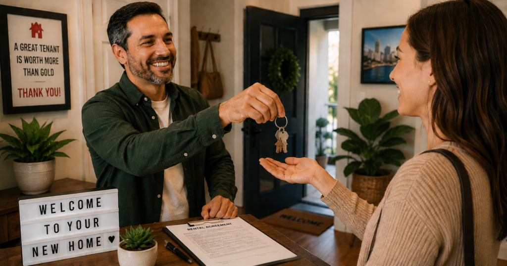 Landlord handing the keys of a property's house to a tenant at the foyer